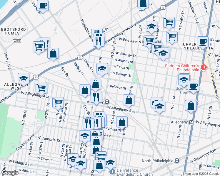 map of restaurants, bars, coffee shops, grocery stores, and more near 2134 Bellevue Street in Philadelphia