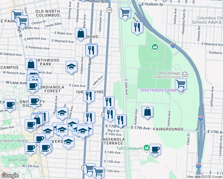 map of restaurants, bars, coffee shops, grocery stores, and more near 428 East Lane Avenue in Columbus