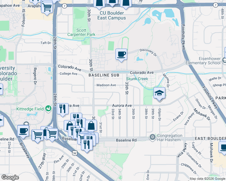map of restaurants, bars, coffee shops, grocery stores, and more near 3290 Euclid Avenue in Boulder