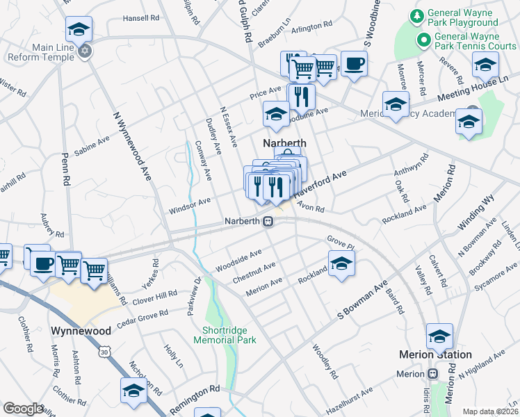map of restaurants, bars, coffee shops, grocery stores, and more near 100 North Essex Avenue in Narberth