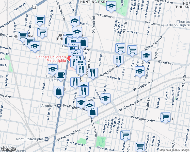 map of restaurants, bars, coffee shops, grocery stores, and more near 1112 West Tioga Street in Philadelphia