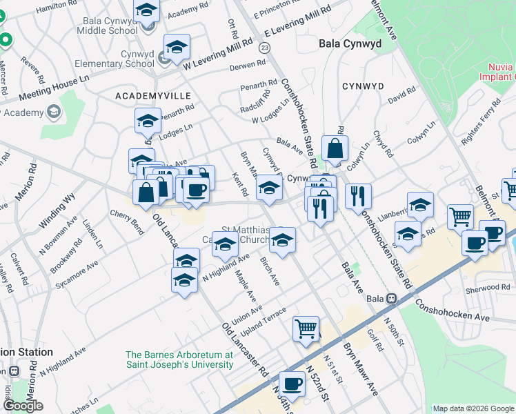 map of restaurants, bars, coffee shops, grocery stores, and more near 100 Montgomery Avenue in Bala Cynwyd