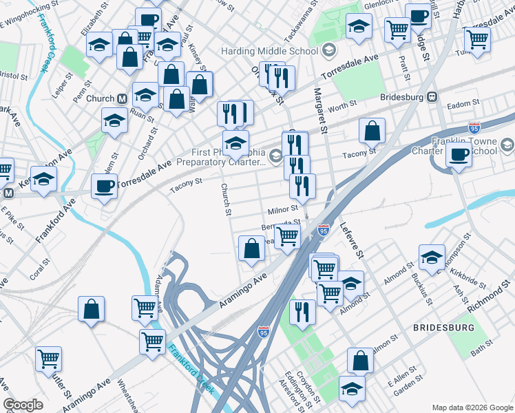 map of restaurants, bars, coffee shops, grocery stores, and more near 4338 Milnor Street in Philadelphia