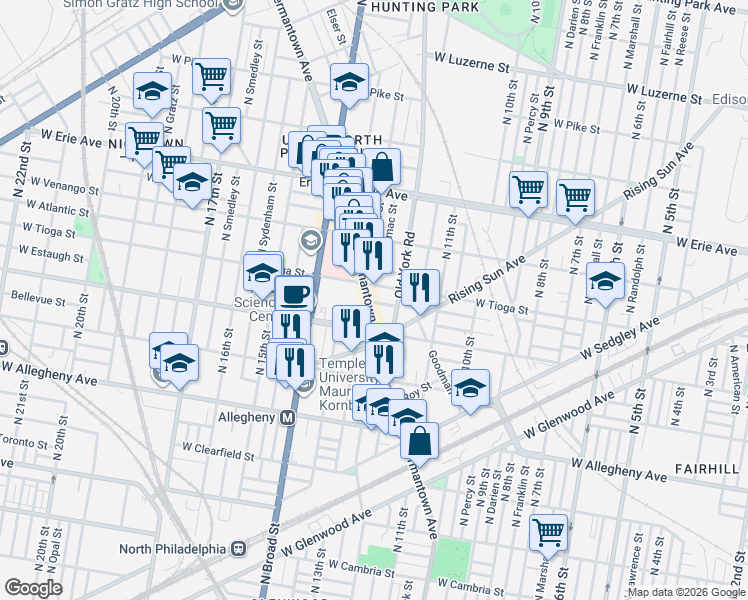 map of restaurants, bars, coffee shops, grocery stores, and more near 1225-1299 West Ontario Street in Philadelphia
