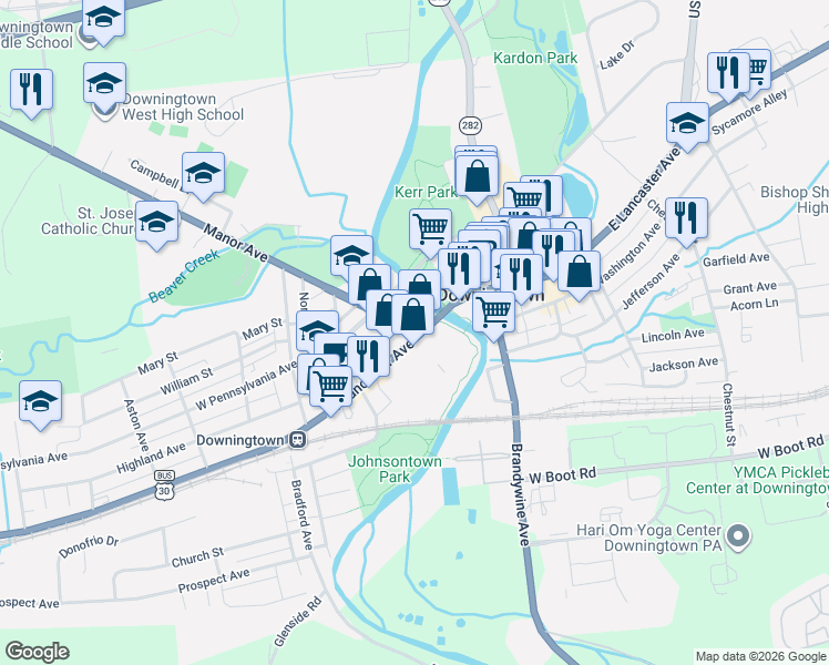 map of restaurants, bars, coffee shops, grocery stores, and more near 22 Manor Avenue in Downingtown