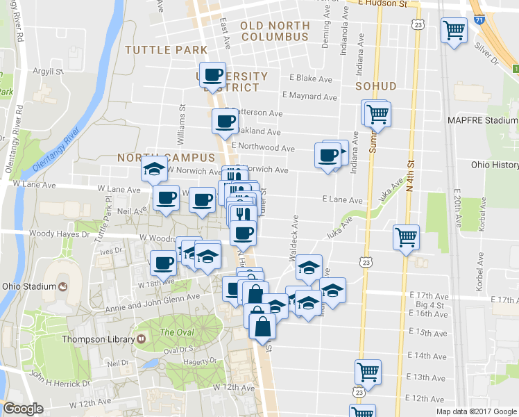 map of restaurants, bars, coffee shops, grocery stores, and more near 2101 Tuller Street in Columbus