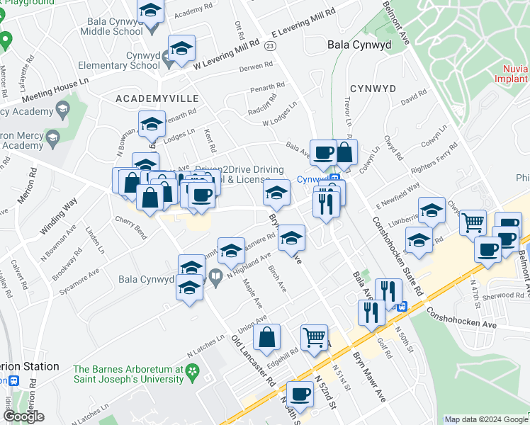 map of restaurants, bars, coffee shops, grocery stores, and more near 100 Montgomery Avenue in Bala Cynwyd