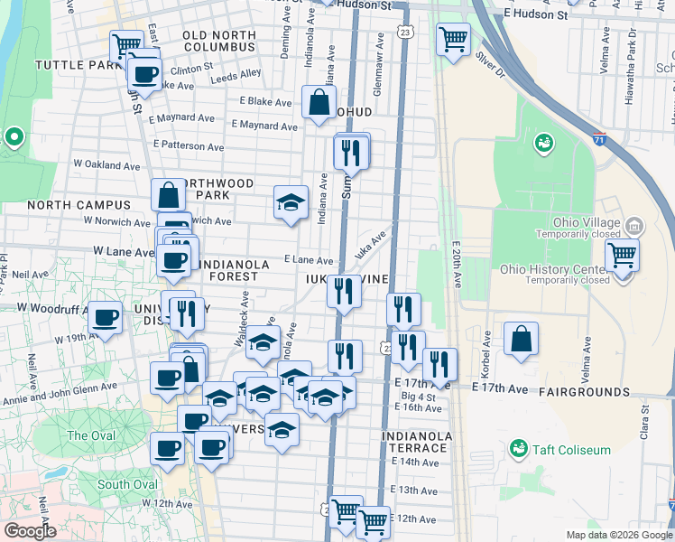map of restaurants, bars, coffee shops, grocery stores, and more near 2091 Iuka Avenue in Columbus