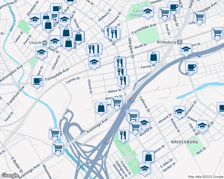 map of restaurants, bars, coffee shops, grocery stores, and more near 4530 Milnor Street in Philadelphia