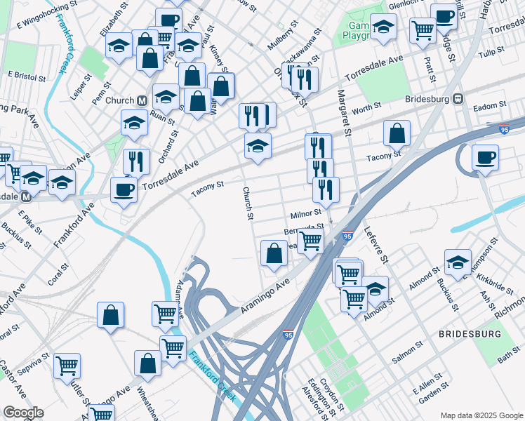 map of restaurants, bars, coffee shops, grocery stores, and more near 4331 East Stiles Street in Philadelphia
