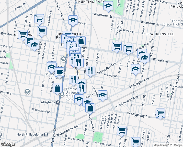 map of restaurants, bars, coffee shops, grocery stores, and more near 1109 Rising Sun Avenue in Philadelphia
