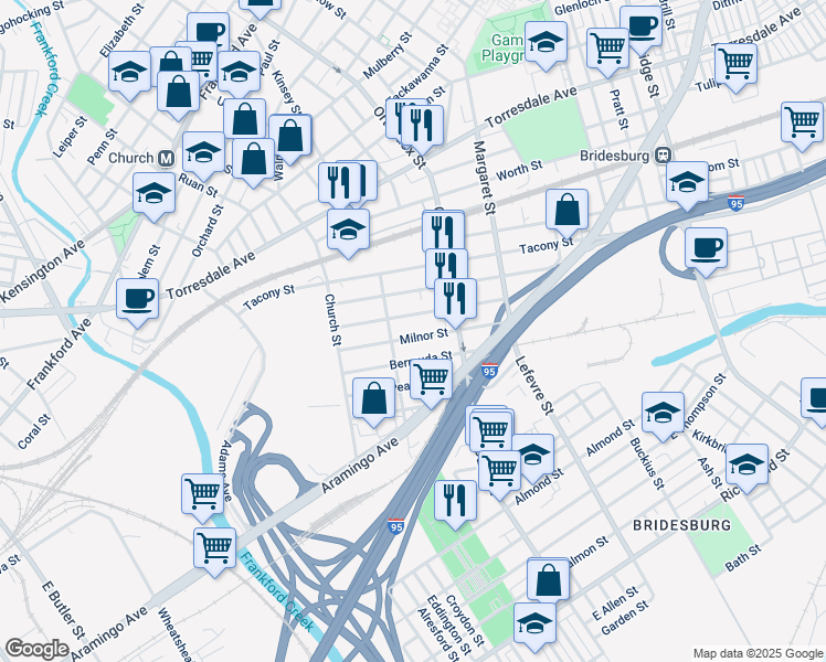 map of restaurants, bars, coffee shops, grocery stores, and more near 4530 Milnor Street in Philadelphia