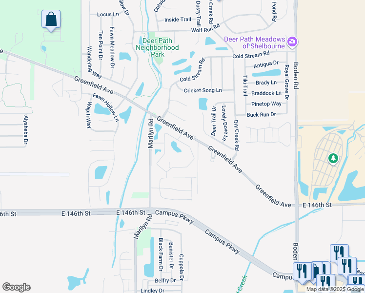 map of restaurants, bars, coffee shops, grocery stores, and more near 12190 Whirlaway Drive in Noblesville