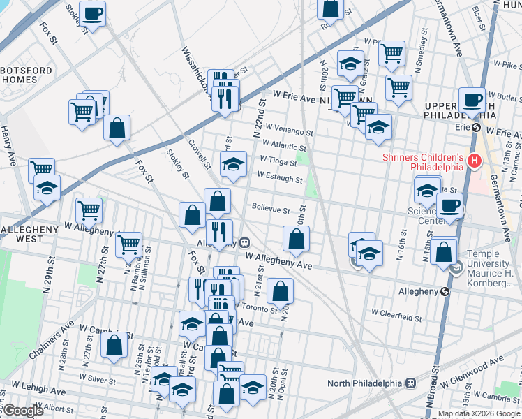 map of restaurants, bars, coffee shops, grocery stores, and more near 2116 Bellevue Street in Philadelphia