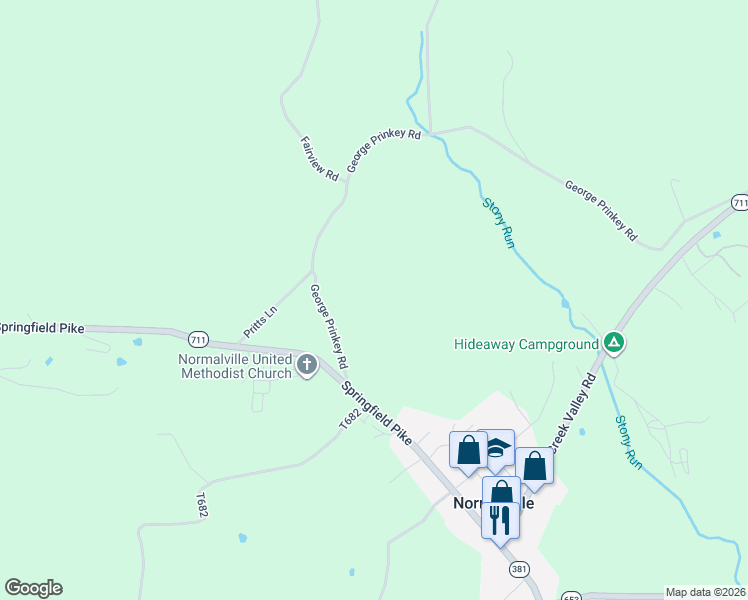 map of restaurants, bars, coffee shops, grocery stores, and more near 387 George Prinkey Road in Normalville