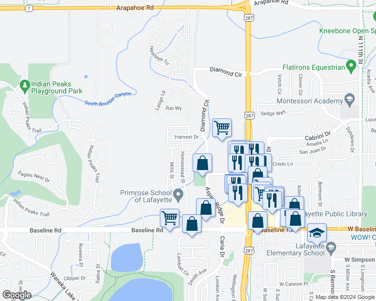 map of restaurants, bars, coffee shops, grocery stores, and more near 688 Homestead Street in Lafayette