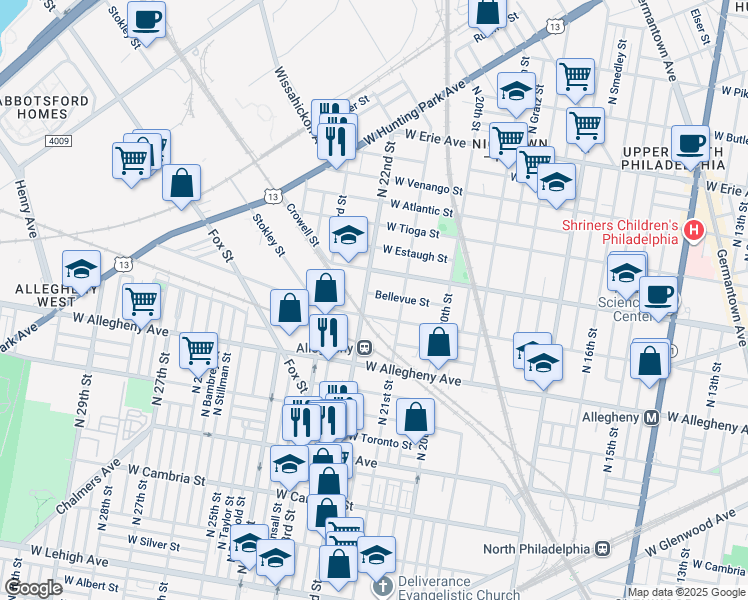 map of restaurants, bars, coffee shops, grocery stores, and more near 2134 Bellevue Street in Philadelphia