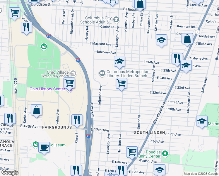 map of restaurants, bars, coffee shops, grocery stores, and more near 1007 East 22nd Avenue in Columbus
