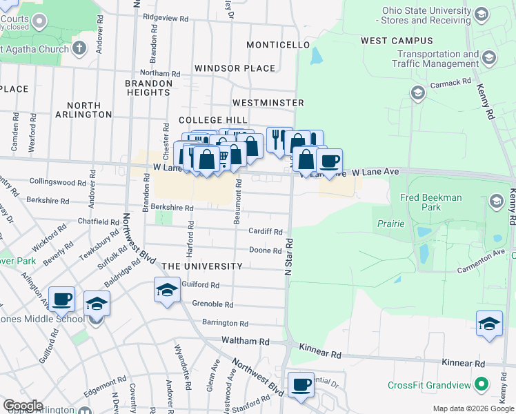 map of restaurants, bars, coffee shops, grocery stores, and more near 1527 Berkshire Road in Columbus