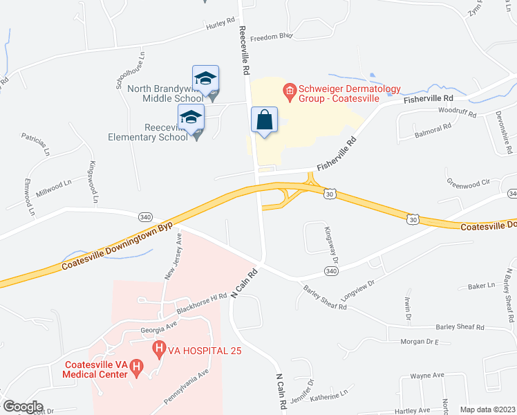 map of restaurants, bars, coffee shops, grocery stores, and more near 34 Reeceville Road in Coatesville
