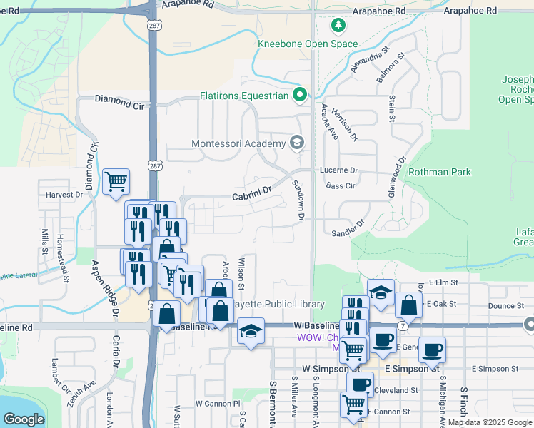 map of restaurants, bars, coffee shops, grocery stores, and more near 455 Rainbow Lane in Lafayette