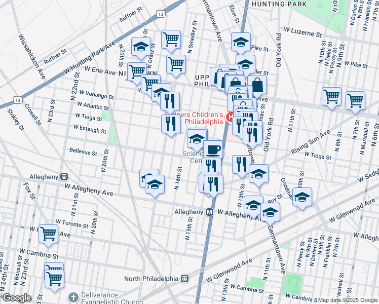 map of restaurants, bars, coffee shops, grocery stores, and more near 3412 North Sydenham Street in Philadelphia