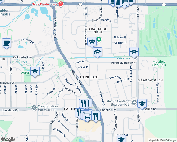 map of restaurants, bars, coffee shops, grocery stores, and more near 955 McIntire Street in Boulder