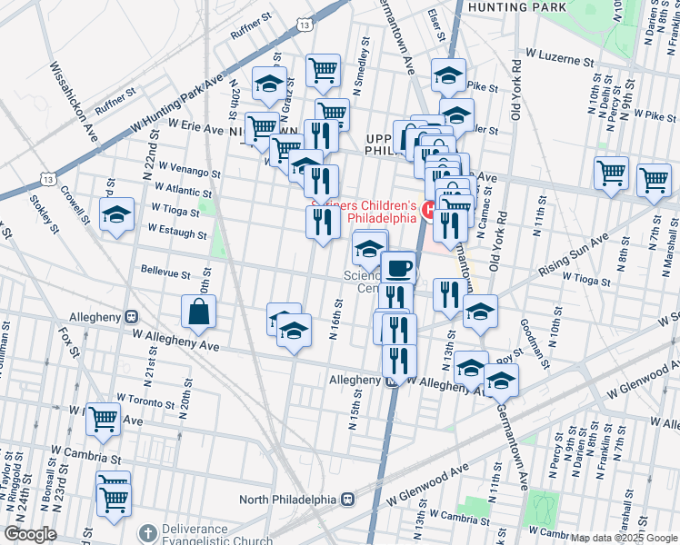 map of restaurants, bars, coffee shops, grocery stores, and more near 3408 North 16th Street in Philadelphia