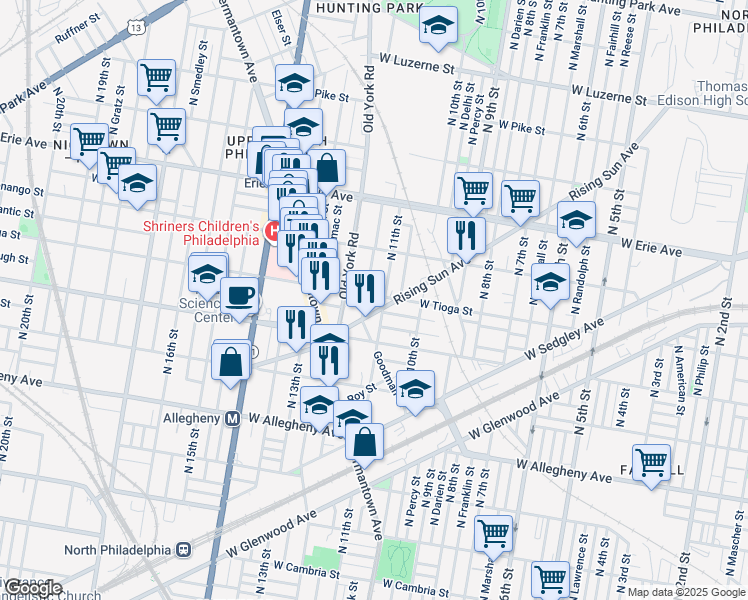 map of restaurants, bars, coffee shops, grocery stores, and more near 1112 West Tioga Street in Philadelphia