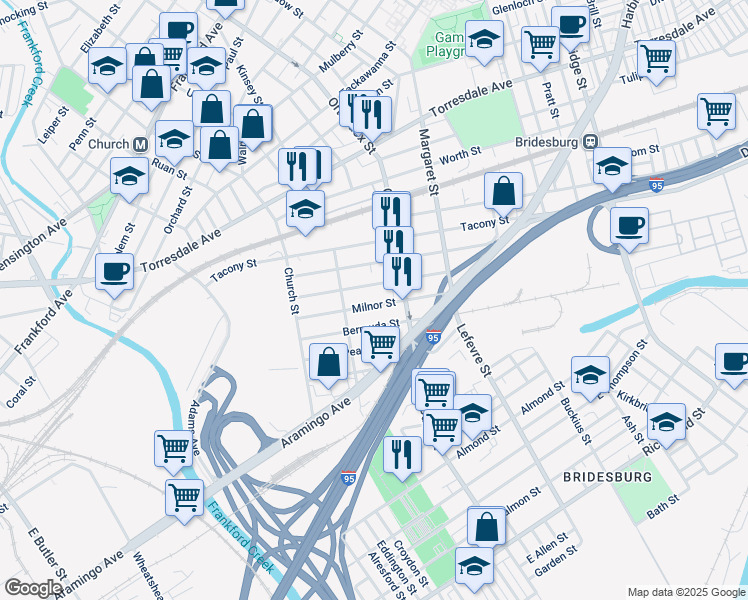 map of restaurants, bars, coffee shops, grocery stores, and more near 4542 Milnor Street in Philadelphia