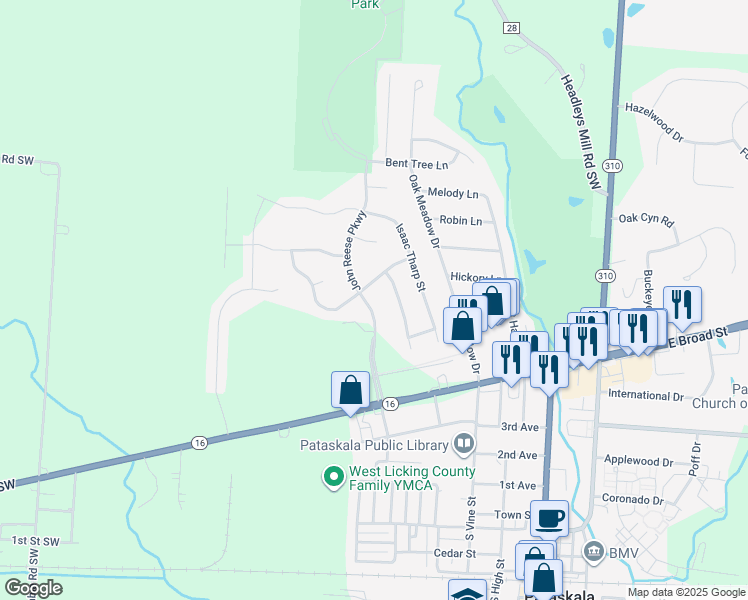 map of restaurants, bars, coffee shops, grocery stores, and more near 215 John Reese Parkway in Pataskala