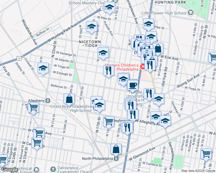 map of restaurants, bars, coffee shops, grocery stores, and more near 1629 West Ontario Street in Philadelphia