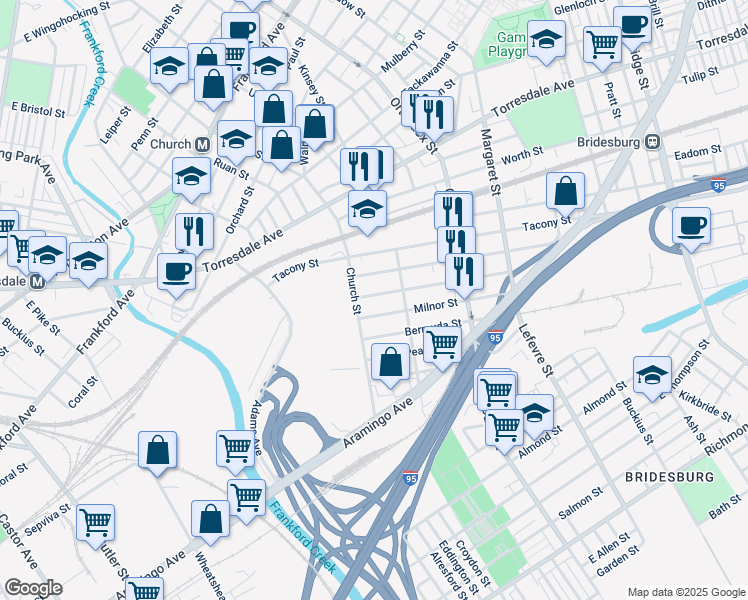 map of restaurants, bars, coffee shops, grocery stores, and more near 4331 East Stiles Street in Philadelphia