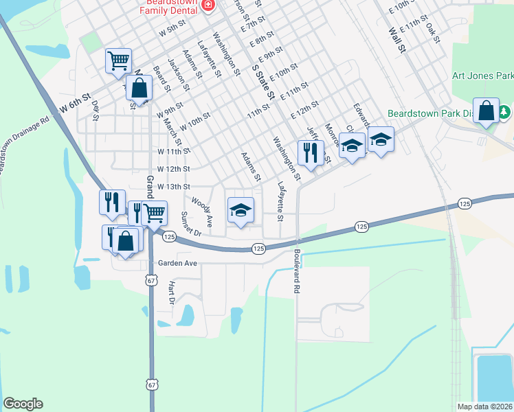 map of restaurants, bars, coffee shops, grocery stores, and more near 1401-1481 Jackson Street in Beardstown
