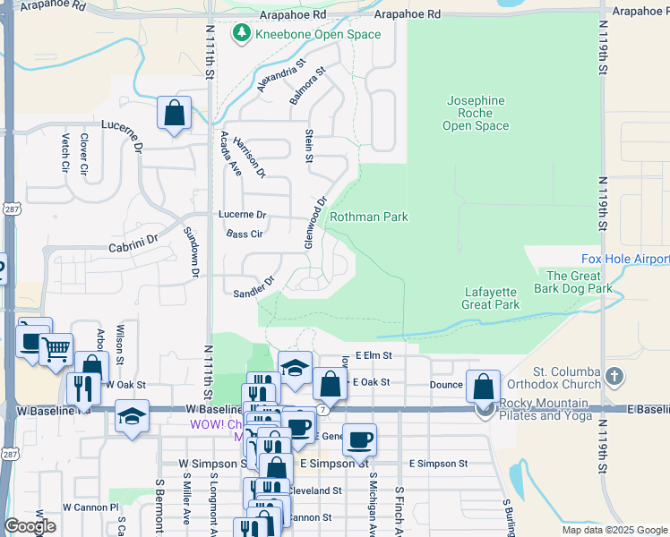 map of restaurants, bars, coffee shops, grocery stores, and more near 624 Wild Ridge Circle in Lafayette