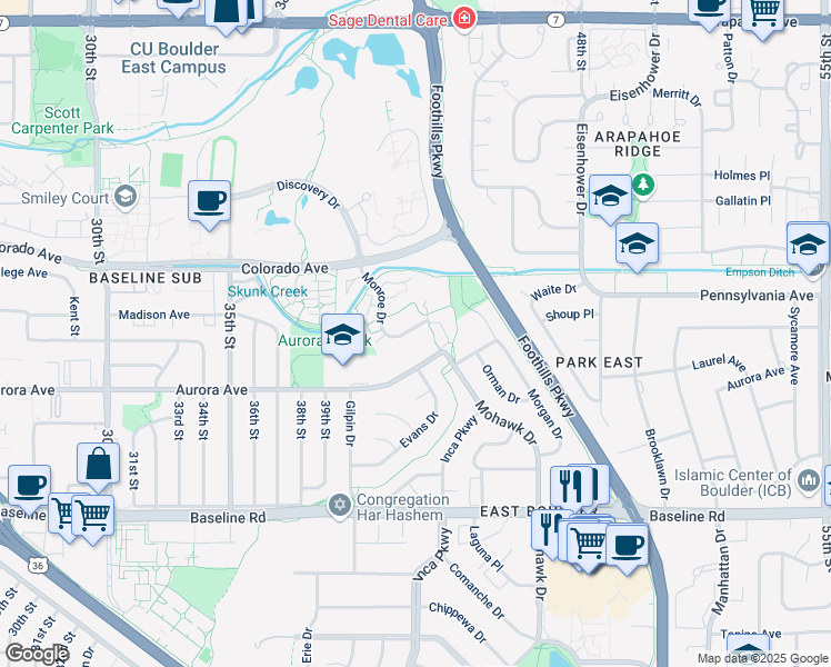 map of restaurants, bars, coffee shops, grocery stores, and more near 4222 Monroe Drive in Boulder