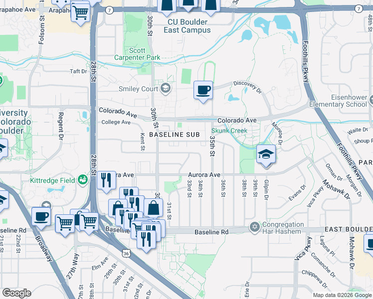 map of restaurants, bars, coffee shops, grocery stores, and more near 3290 Euclid Avenue in Boulder