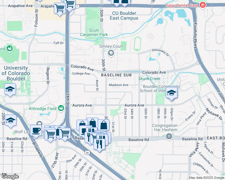 map of restaurants, bars, coffee shops, grocery stores, and more near 3130 Euclid Avenue in Boulder