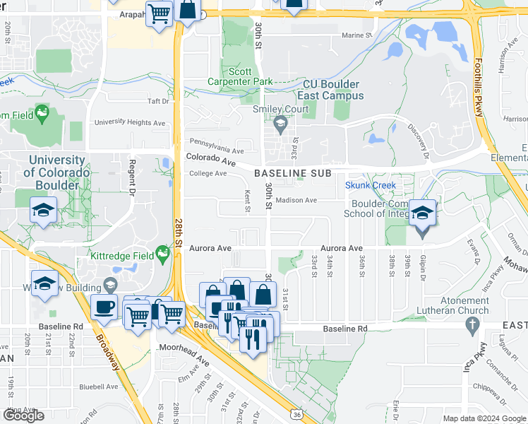 map of restaurants, bars, coffee shops, grocery stores, and more near 995 30th Street in Boulder