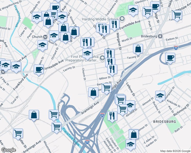 map of restaurants, bars, coffee shops, grocery stores, and more near 4338 Milnor Street in Philadelphia
