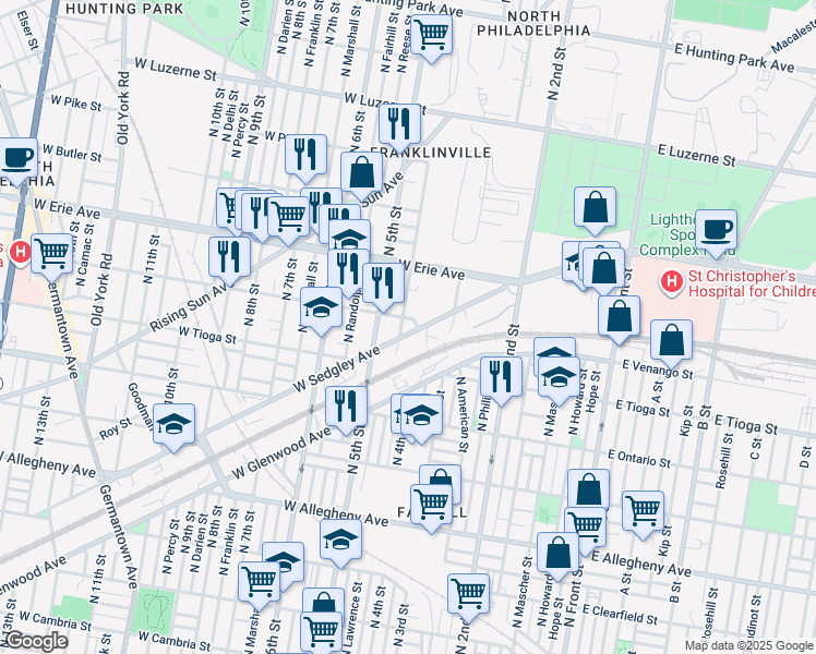 map of restaurants, bars, coffee shops, grocery stores, and more near 3541 North Lawrence Street in Philadelphia
