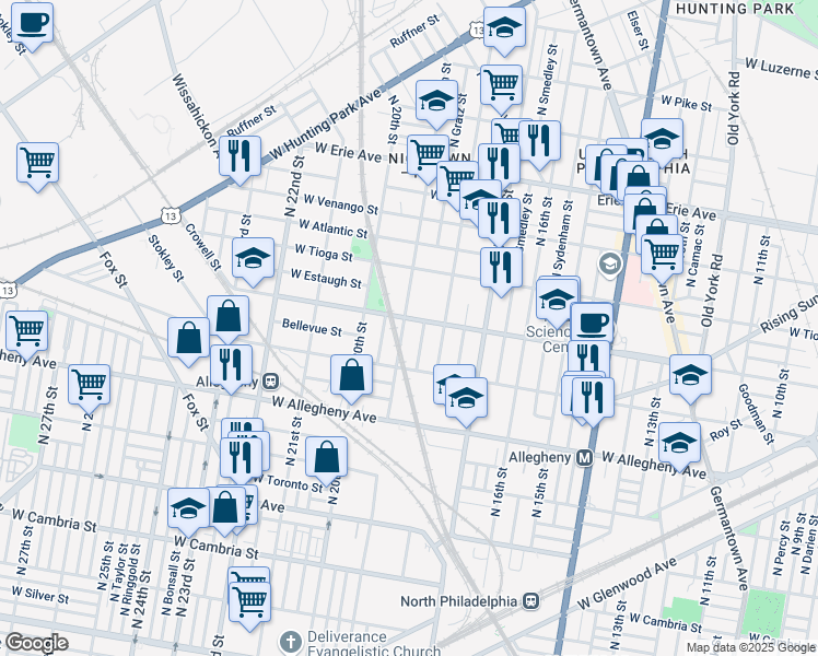 map of restaurants, bars, coffee shops, grocery stores, and more near 3323 North 19th Street in Philadelphia