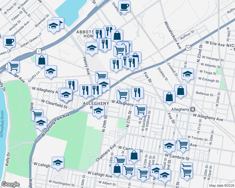 map of restaurants, bars, coffee shops, grocery stores, and more near 3215 North Newkirk Street in Philadelphia