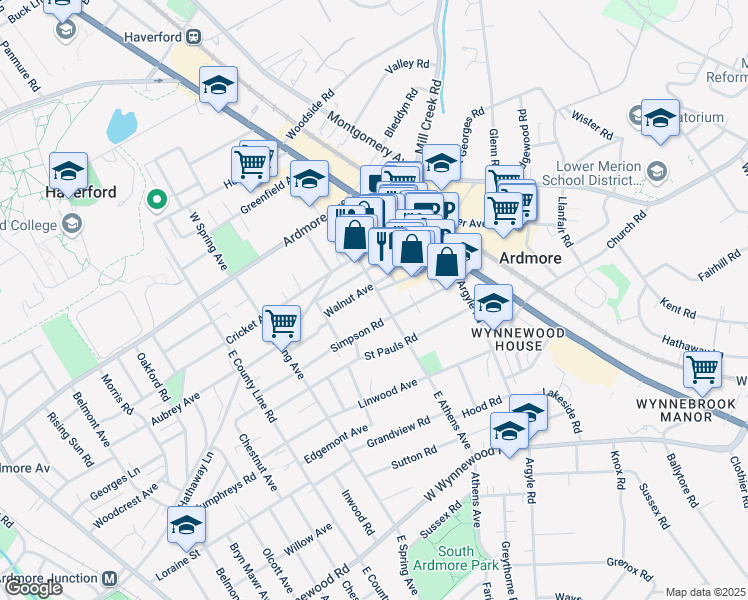 map of restaurants, bars, coffee shops, grocery stores, and more near 110 Simpson Road in Ardmore