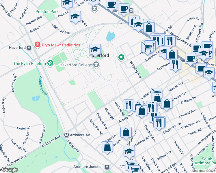 map of restaurants, bars, coffee shops, grocery stores, and more near 505 Village Sussex Road in Ardmore
