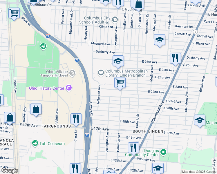 map of restaurants, bars, coffee shops, grocery stores, and more near 1007 East 22nd Avenue in Columbus