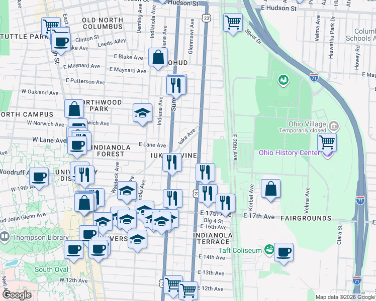 map of restaurants, bars, coffee shops, grocery stores, and more near 2086 Iuka Avenue in Columbus