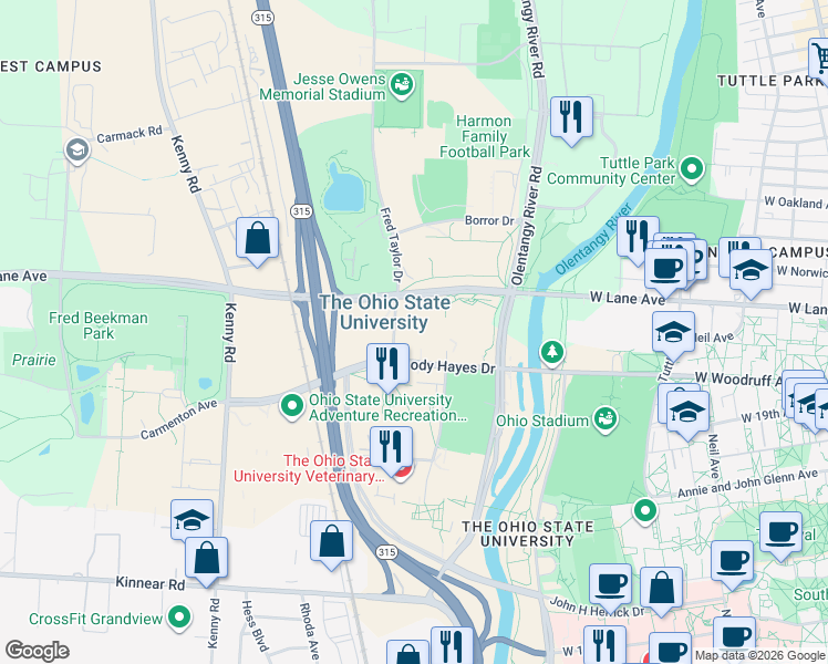 map of restaurants, bars, coffee shops, grocery stores, and more near 2120 Fyffe Road in Columbus
