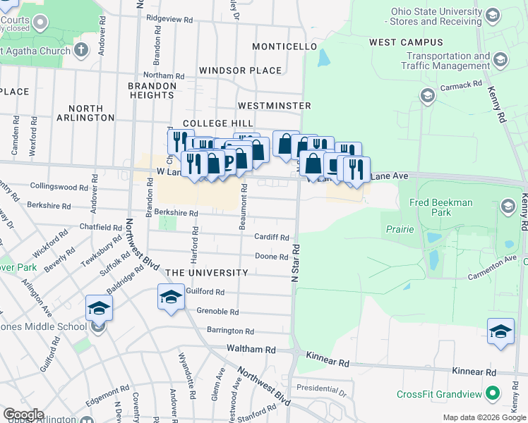 map of restaurants, bars, coffee shops, grocery stores, and more near 1527 Berkshire Road in Columbus