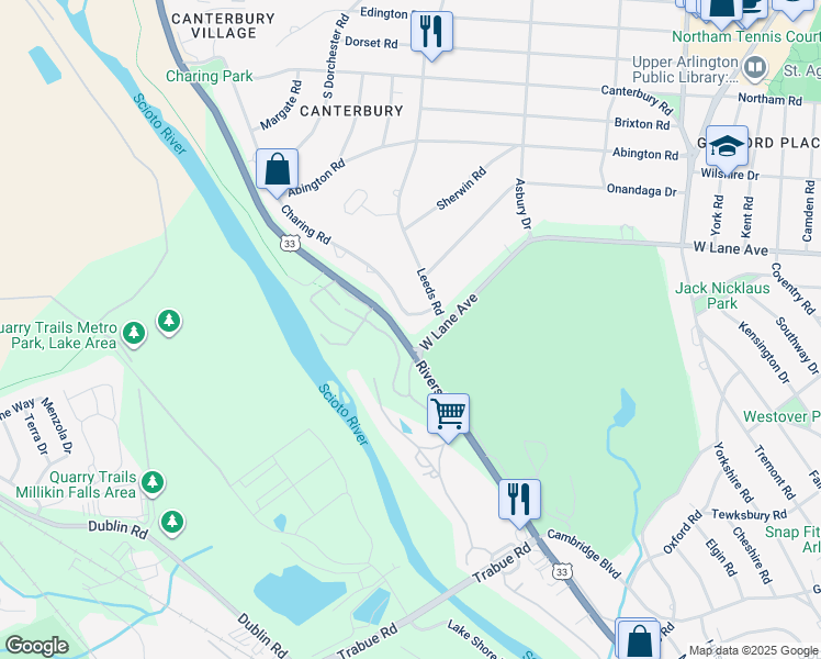 map of restaurants, bars, coffee shops, grocery stores, and more near 2531 Charing Road in Upper Arlington